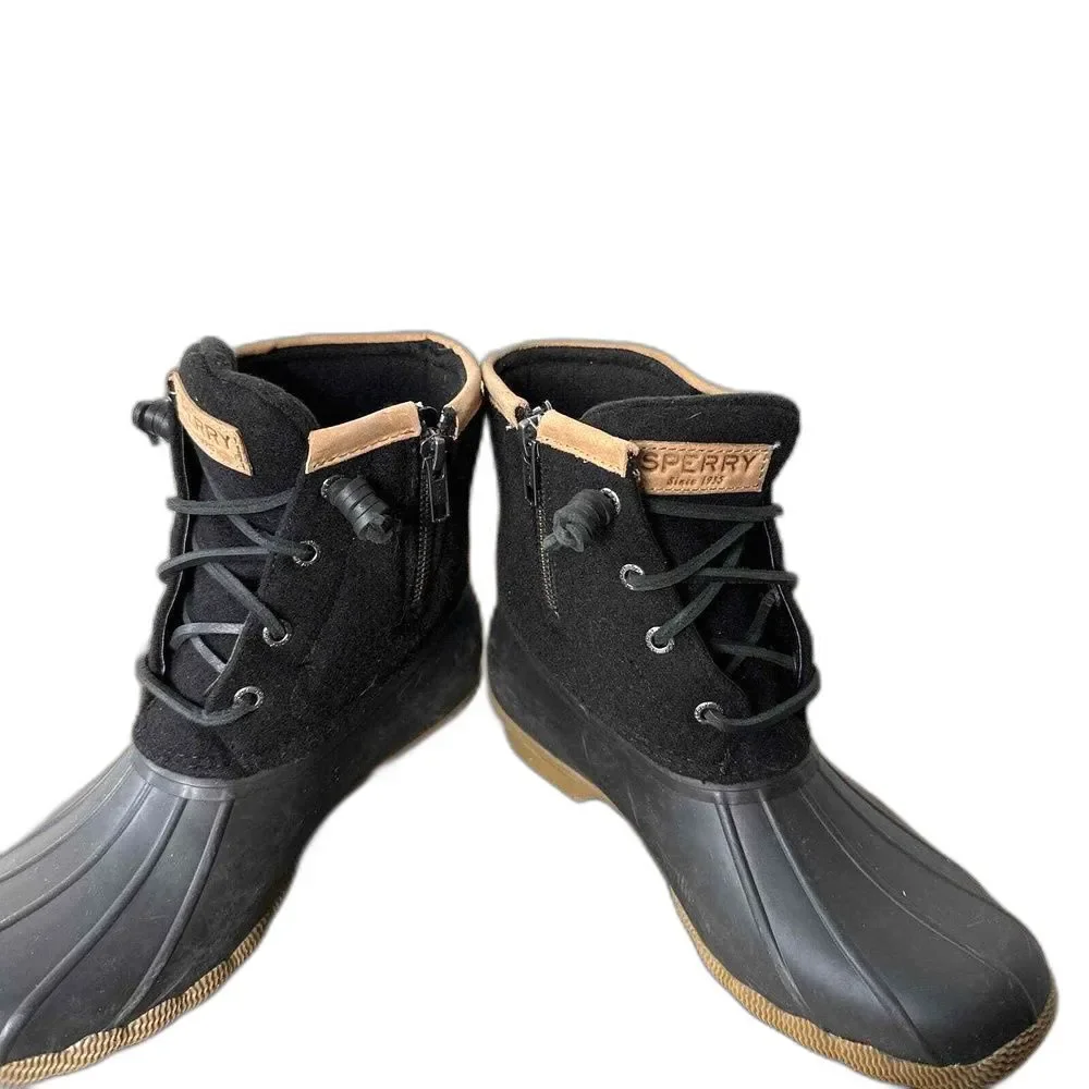 Sperry Duck Boots 7.5 Waterproof Warm Wool Lace Up Rain Snow Cabin Casual Black